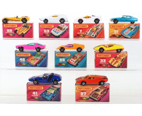 Seven Boxed Matchbox Lesney Superfast Streakers Models,7d Hairy Hustler, white body, red stripes, black base,27e Lamborghini 