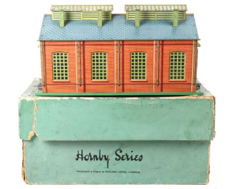 Hornby Series boxed No.2E2 Electrical Engine Shed, tin printed double rail shed with vents, chimneys and interior light, gene