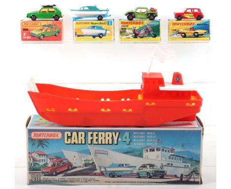 Scarce Boxed Matchbox Lesney Superfast  G-17 Car Ferry + 4 Models set, red/white/yellow ‘Olympus’ plastic ferry, with flag po