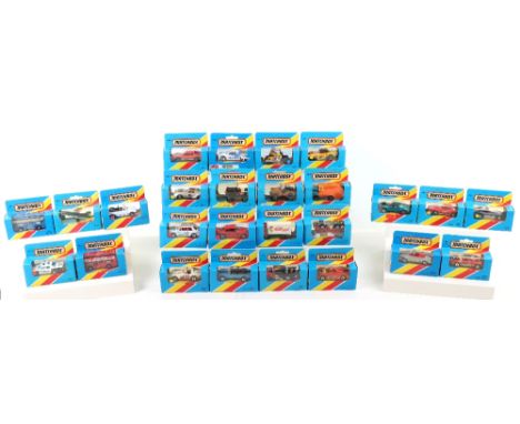 Twenty Six Blue Boxed Matchbox Superfast Models, made in Macau, including: MB1 Dodge Challenger, Toyman,  MB2 S2 Jet, MB4 57 