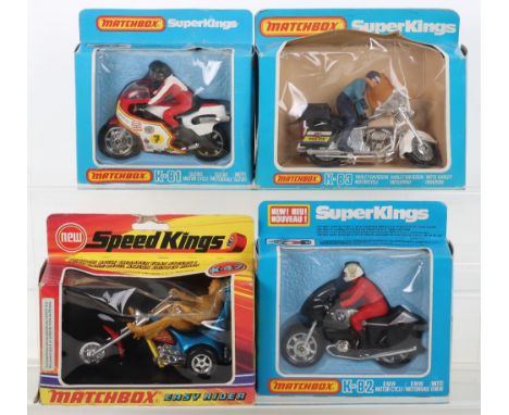 Four boxed Matchbox Speedkings/Superkings diecast models, including, K-81 Suzuki motorcycle, damaged to acetate window of box