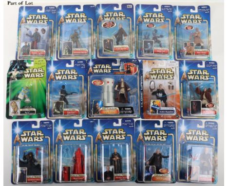 Quantity of Hasbro Star Wars episode 2 &amp; 3 carded figures, including, AOTC, mace windu, obi-wan Kenobi jedi star fighter,