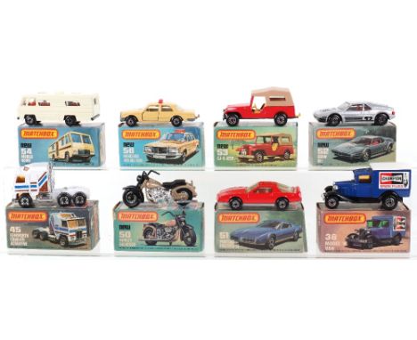 Eight Boxed Matchbox Lesney Superfast Models, MB-38g Model A Van, Champion, MB-45e Kenworth Cabover Aerodyne, white body, MB-