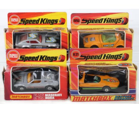 Four boxed Matchbox Speedkings diecast vehicles, including, K-31 Bertone runabout, K-42 Nissan 270x, K-52 Datsun 240Z, tear t