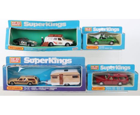Four boxed Matchbox Superkings diecast vehicles, including, K-74 Volvo estate, K-70 Porsche turbo, K-76 Volvo rally support m