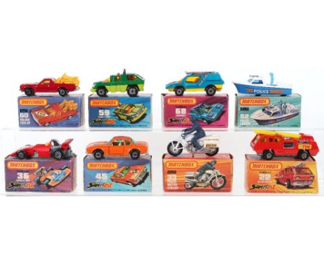 Eight Boxed Matchbox Lesney Superfast Models, MB-22e Blaze Buster, red body, MB-33e Police Motorcyclist, white frame, blue ma