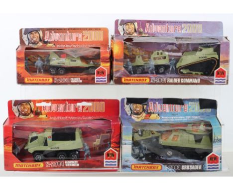 Four Boxed Matchbox Adventure 2000 vehicles, including, K-2001 raider command, box has damaged window, K-2002 flight hunter, 