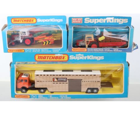 Three boxed Matchbox Superkings commercials vehicles, including K-8 animal transporter “Anitran”, K-35 Massey Ferguson tracto