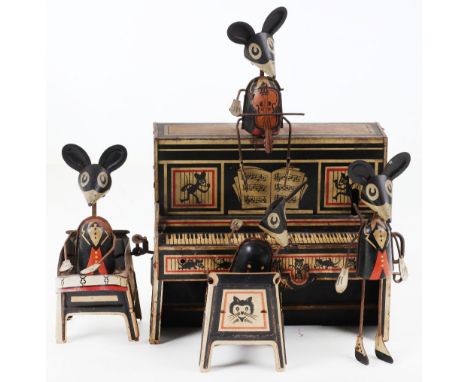 A Marx (England) tinplate clockwork Merrymakers Mouse Band,1930s,tinplate lithographed piano with seated playing mouse, seate