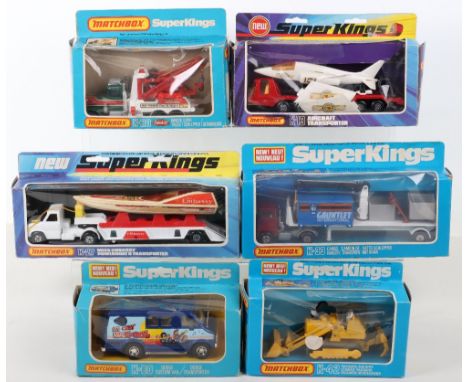 Six Boxed Matchbox Superkings Commercial Vehicles, including, K-20 “Peterbilt” wreck truck, missing inside packing, K-42 Trax