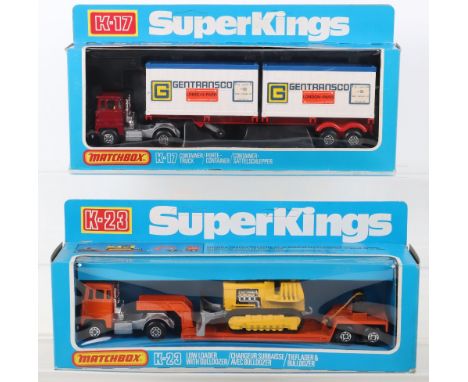 Two Boxed Matchbox Superkings commercial vehicles, including, K-23 low loader with bulldozer and K-17 container truck “Gentra