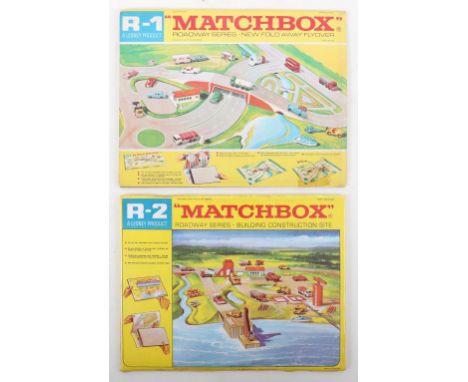 Two Later Issue Matchbox Lesney Roadway Series, folded card layouts inside paper sleeve, R-1 Roadway series with new fold awa
