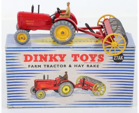 Dinky boxed 27AK Farm Tractor and Hay Rake, red Massey Harris tractor and hay rake with yellow wheels, excellent condition, b