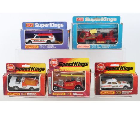 Five boxed Matchbox Superkings/Speedkings vehicles, including, K-9 fire tender, K-49 Ambulance krankenwagen, K-62 emergency d