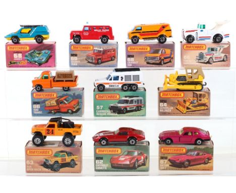 Ten Boxed Matchbox Lesney Superfast Models, MB-57f Carmichael Rescue Vehicle, white body,MB-62f Chevrolet Corvette, metallic 