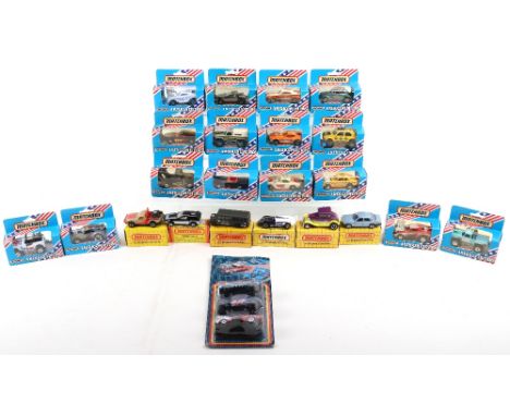 Sixteen Boxed Matchbox Superfast USA Editions, circa 1983, made in Macau, including Red Rider, VW Ruff Rabbit, Big Blue VW, M