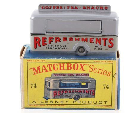 Matchbox Moko Lesney 74a Mobile Canteen ‘Refreshments’  silver body, light blue base, grey plastic wheels, in near mint origi
