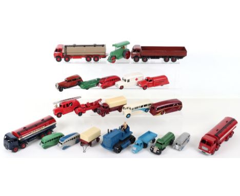 Collection of repainted Dinky vehicles, including Foden 8-wheel wagon, two Foden tankers, Leyland Esso tanker, Heavy Tractor,