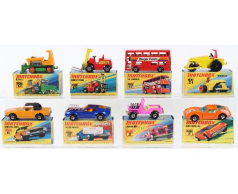 Eight Boxed Matchbox Lesney Superfast Models,2e Jeep Hot Rod, pink body, light green base,3d Monteverdi Hai, orange body, no 