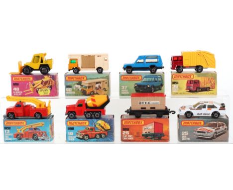 Eight Boxed Matchbox Lesney Superfast Models, MB-13f Snorkel Fire Engine, blue glass, MB-19f Cement Truck, red body, MB-25f F