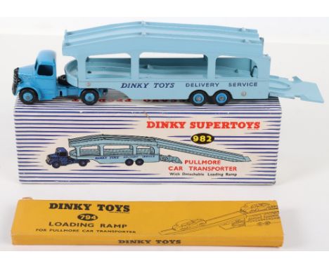 Dinky boxed 982 Pullmore Car transporter, mid blue cab and hubs, light blue back, excellent condition, one tyre with flat spo