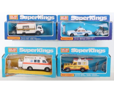 Four Boxed Matchbox Superkings services Vehicles, including, k-38 Dodge ambulance, box has dent to left bottom, K-75 Airport 