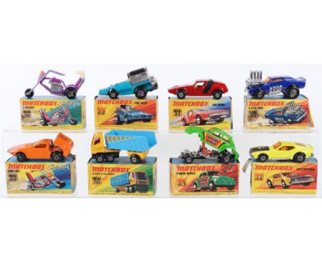 Eight Boxed Matchbox Lesney Superfast Models,MB-38d Stingeroo, metallic purple body/forks, MB-41d Sive Spyder, metallic red, 