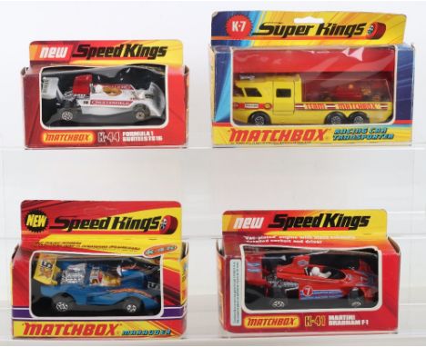 Four boxed Matchbox Superkings/Speedkings diecast vehicles, including, K-7 Racing car transporter, K-41 Martini Brabham f-1, 