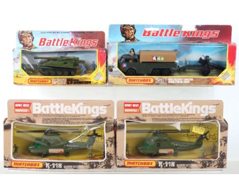 Four boxed Matchbox Battlekings diecast models, including, K-107 155m S.P. Howitzer, K-116 Artillery Truck and field gun, box