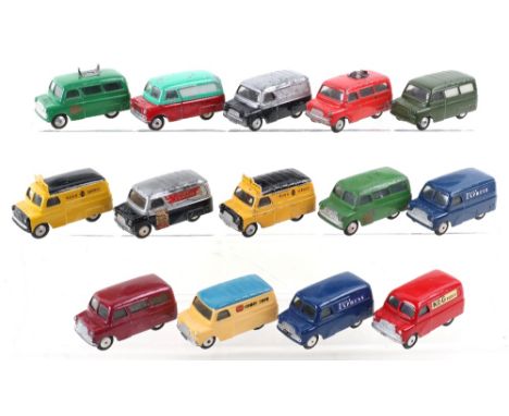 Fourteen Unboxed Vintage Corgi Toys Bedford CA Vans, 2 x 403 Daily Express vans,403M KLG Plugs-repainted, 2 x 404 Dormobiles-