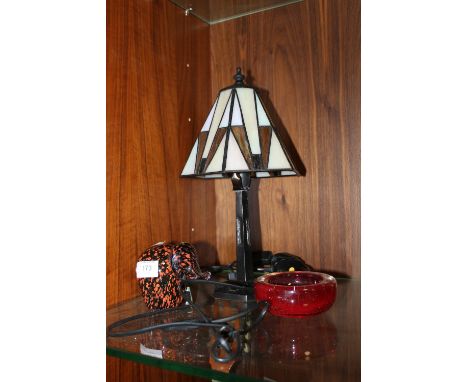 A TIFFANY STYLE LAMP TOGETHER WITH AN ELEPHANT PAPERWEIGHT & A GLASS ASHTRAY