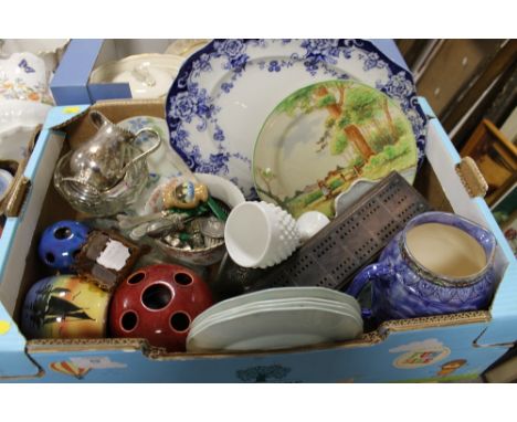 A TRAY OF MIXED CERAMICS ETC TO INC POOLE, ROYAL DOULTON, FLATWARE ETC