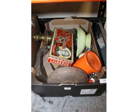 A TRAY OF MIXED CERAMICS & GLASSWARE ETC TO INC CARLTON WARE, VINTAGE SCALES, OIL BURNER, ETC