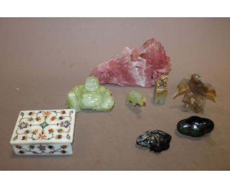 A SMALL BOX OF COLLECTABLES TO INC A HARDSTONE BUDDHA, PIETRA DURA TYPE TRINKET BOX