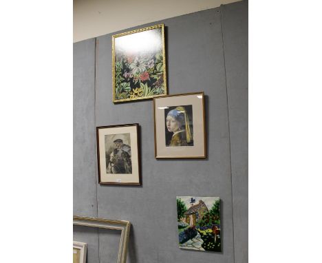 A QUANTITY OF PICTURES & PRINTS TO INC AN ENGRAVING OF A SCOTSMAN WITH TWO HOUNDS AND A DECORATIVE TILE