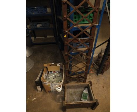 A WOODEN PLANTER TOGETHER WITH A BOX OF JARS ETC & A TRELLIS