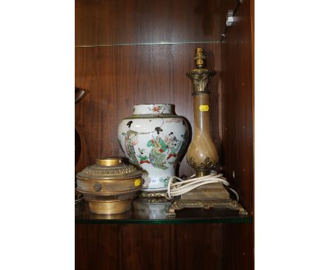 AN ORIENTAL BALUSTER VASE CONVERTED TO A LAMP A/F, PLUS AN ONYX LAMP WITH GILT METAL MOUNTINGS