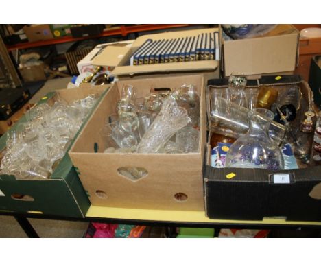 THREE TRAYS OF GLASSWARE TO INC CUT GLASS, THERMOMETER ETC