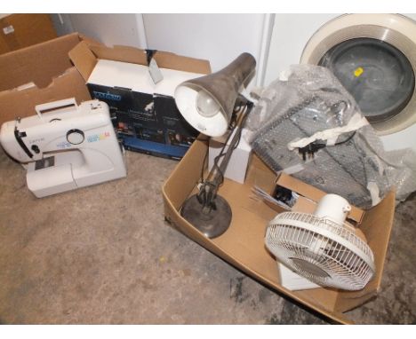 A BOX OF ELECTRICALS TO INC A HUMAX DIGIBOX, ANGULAR DESK LAMP ETC PLUS A BOXED LERVIA SEWING MACHINE