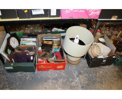 THREE TRAYS OF MIXED CERAMICS, BOOKS, ETC TO INC LAMP, HORNSEA JUG