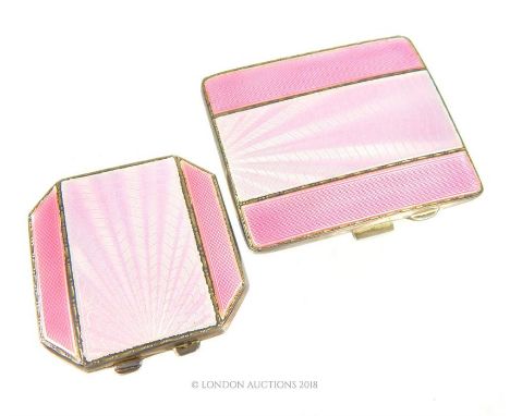 An Art Deco, sterling silver and pink guilloche enamel compact (6 x 6 x 0.5 cm) and internally-gilded, cigarette case (8 x 7 