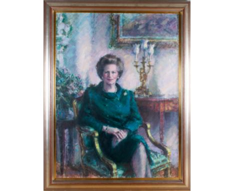 Anne Mackintosh (Scottish, 1944-2014) Portrait of Lady Thatcher, three-quarter length, seated in an armchair Oil on canvas 19