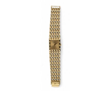 Piaget 1980s  A gentleman's 18 carat yellow gold wristwatch. With square-shaped brushed gold dial on a slightly tapering flex