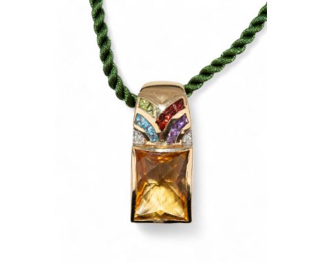 John Rinker A citrine diamond and multi gem set pendant, mounted in 14 k gold on a silk twist rope.