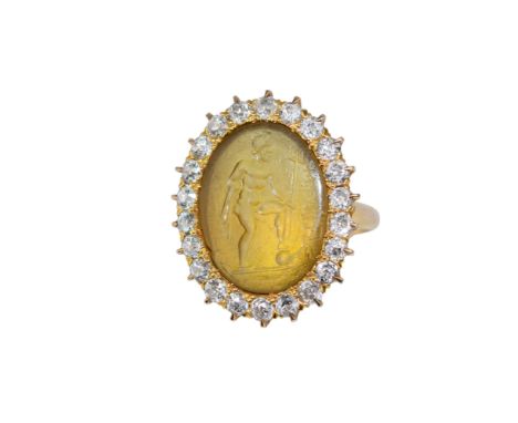 Roman, 1st/2nd c. AD Inscribed glass intaglio set as a ring within a surround 24 small old brilliant cut diamond, approx. tot