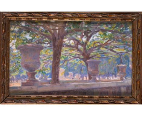 Circle of Sir John Lavery RA RSA RHA (Irish, 1856 –1941) A view of a park through a balustrade Oil on panel Signed 'Daniel B 