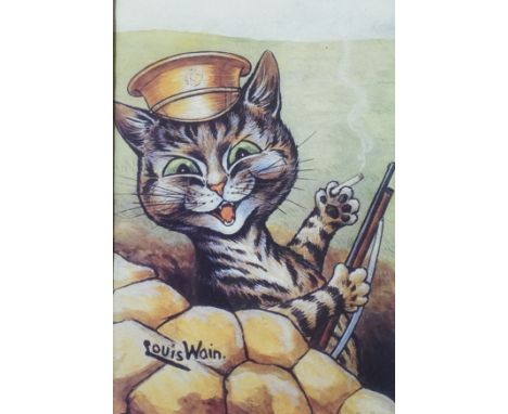 Louis Wain - print of a WWI soldier cat in the trenches holding a rifle and lit cigarette, 35cm high, 24.5cm wide, framed; a 