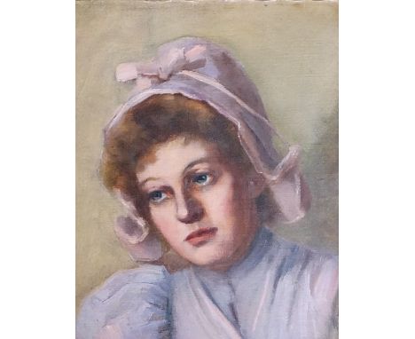 English School, early 20th Century - head and shoulder portrait of a young woman wearing a bonnet, oil on canvas, 24cm x 19cm