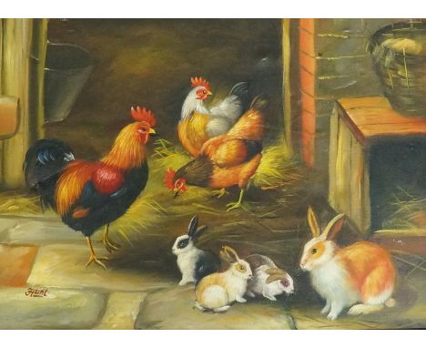 A reproduction oil on canvas depicting chickens and rabbits, barn interior background, spurious Hunt signature, framed; a pri