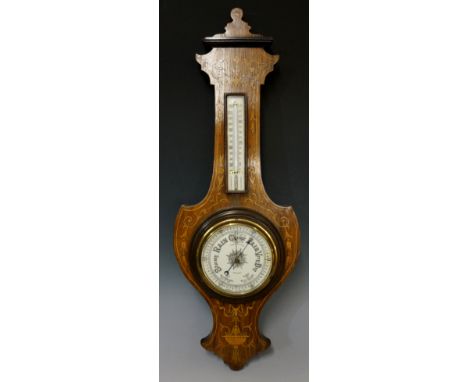 An late Victorian inlaid rosewood barometer and thermometer by T.E. Rhodes of Kendal, 66cm high, 25cm wide